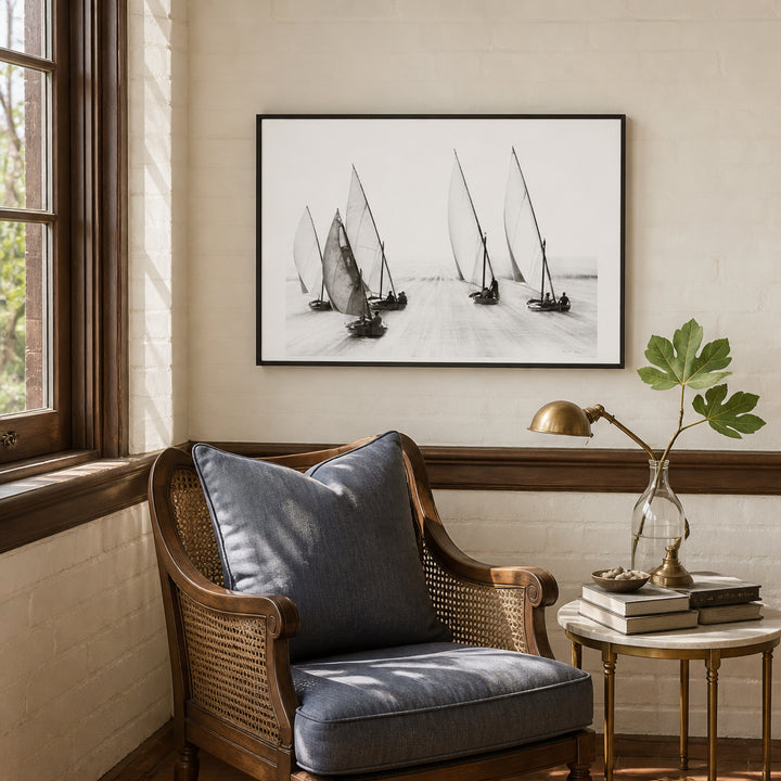 Room mockup featuring Sailboats in Still Serenity Art Print