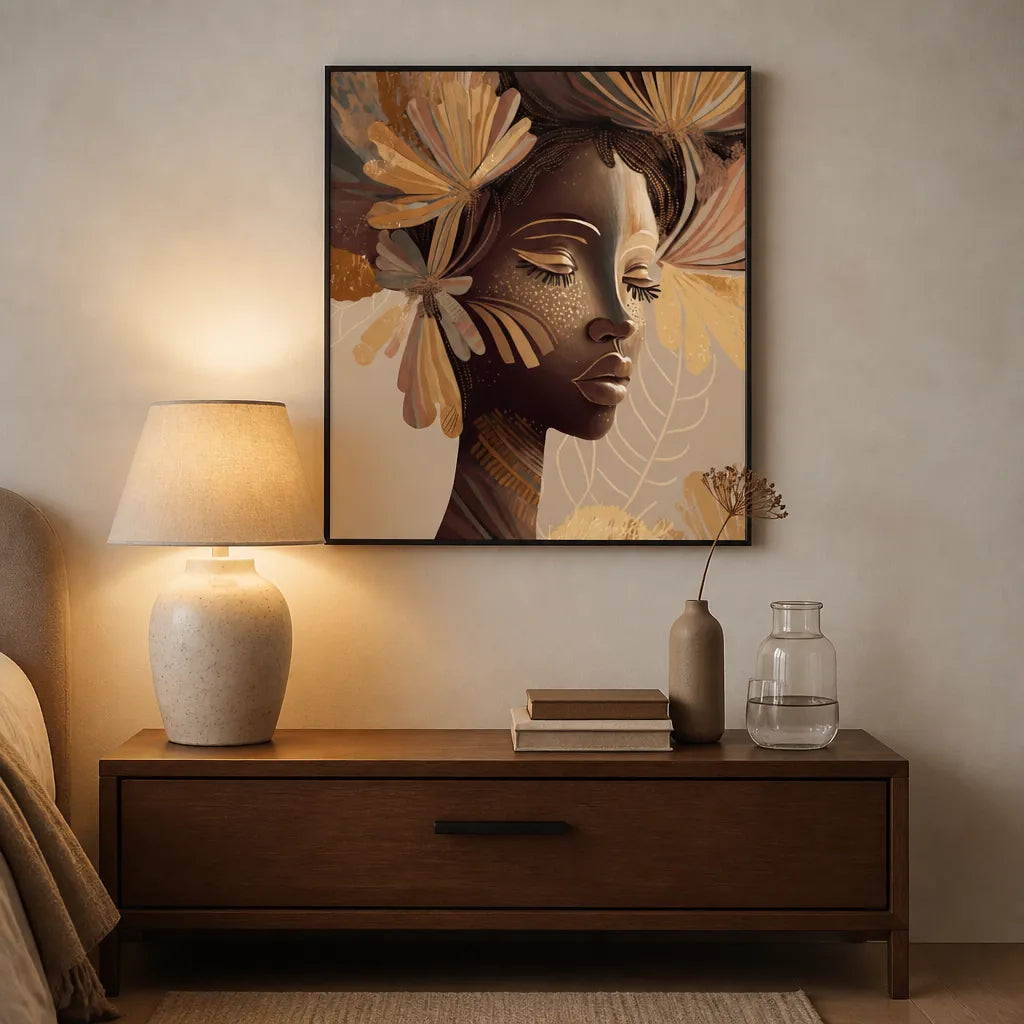 Room mockup featuring Woman Face Portrait with Floral Elements Art Print