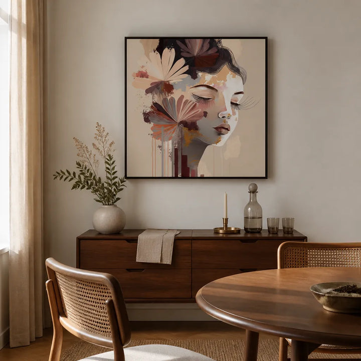 Room mockup featuring Woman's Face with Floral Elements Art Print