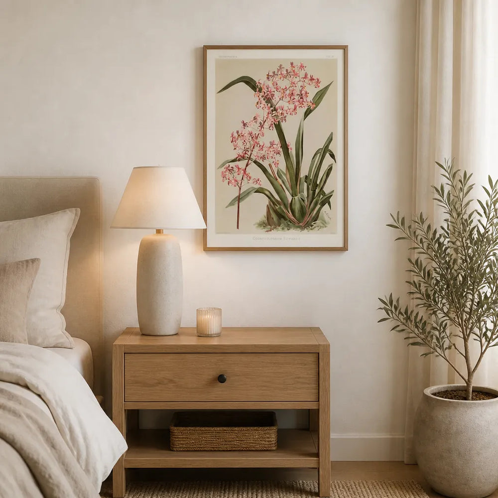 Room mockup featuring Odontoglossum Orchid Pink Clustered Florets, Arching Leaves Art Print