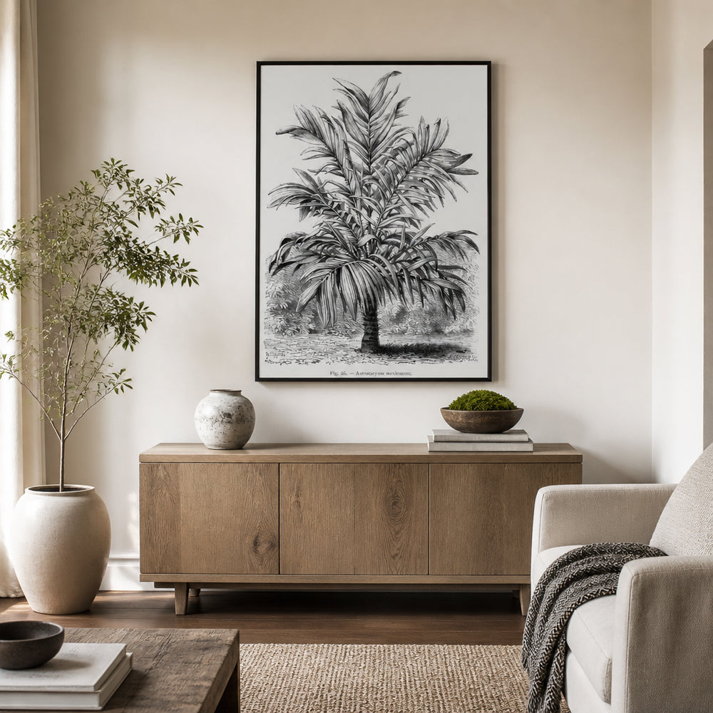 Room mockup featuring Vintage Palm Tree Astrocaryum Mexicanum Botanical Engraving Art Print