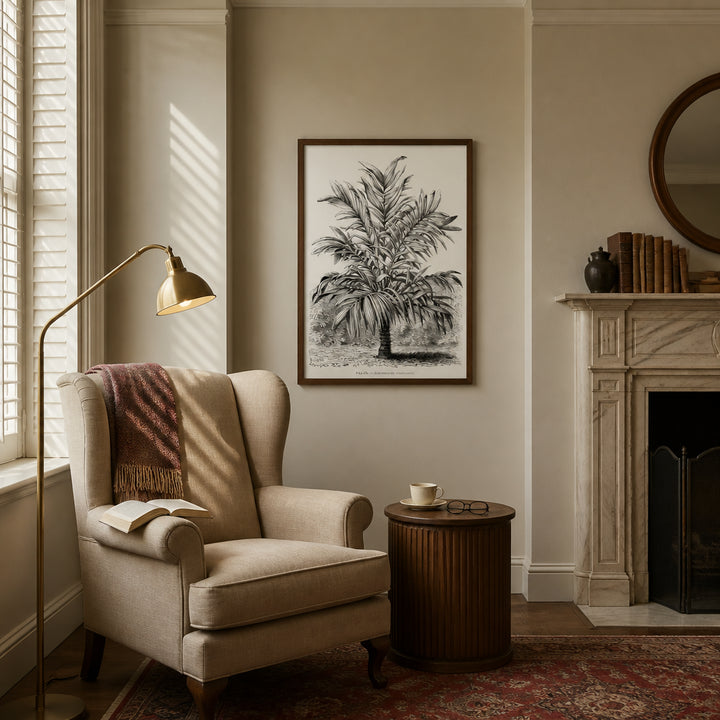 Room mockup featuring Vintage Palm Tree Astrocaryum Mexicanum Botanical Engraving Art Print