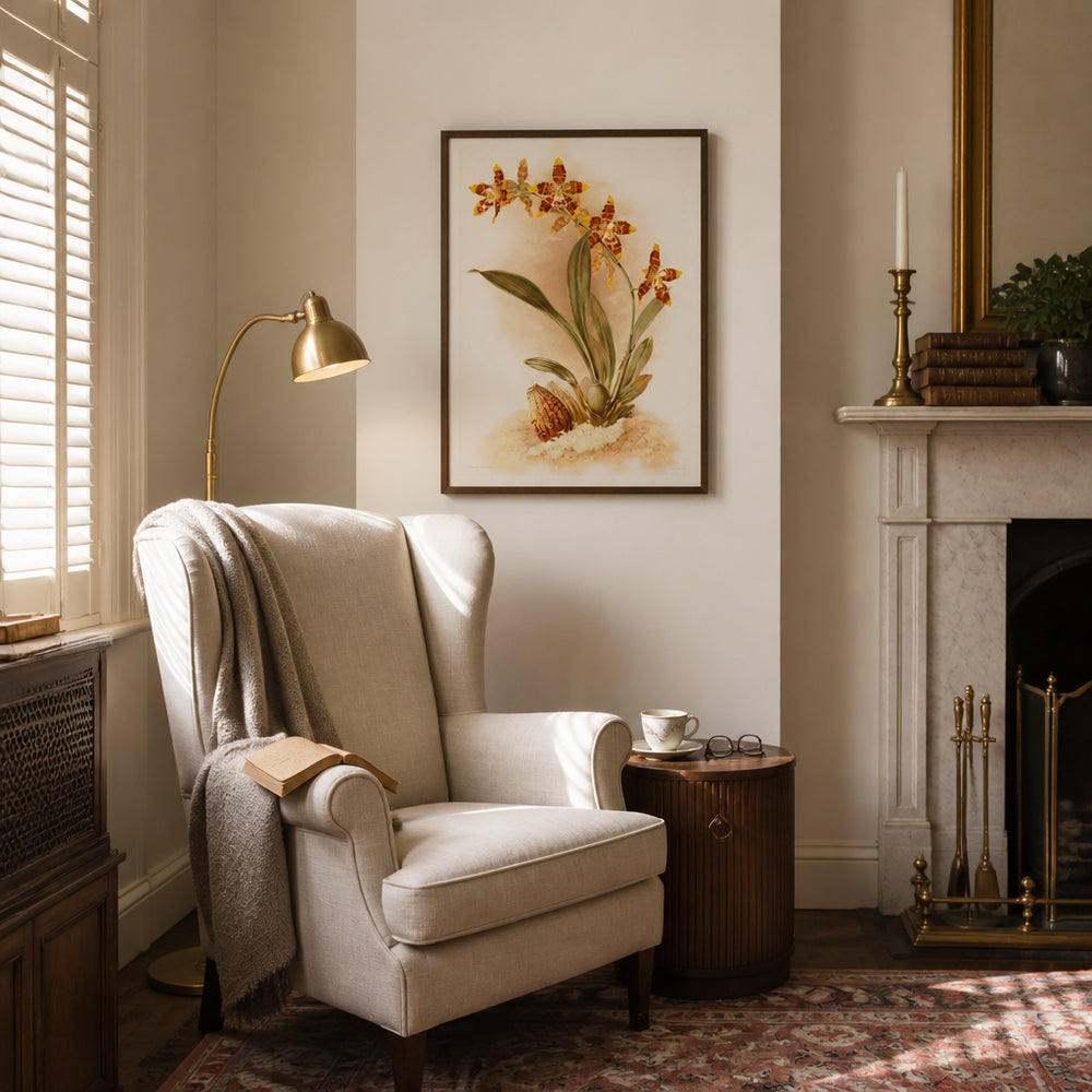 Room mockup featuring Odontoglossum Orchid Crimson Spotted Flowers With Bulb Art Print