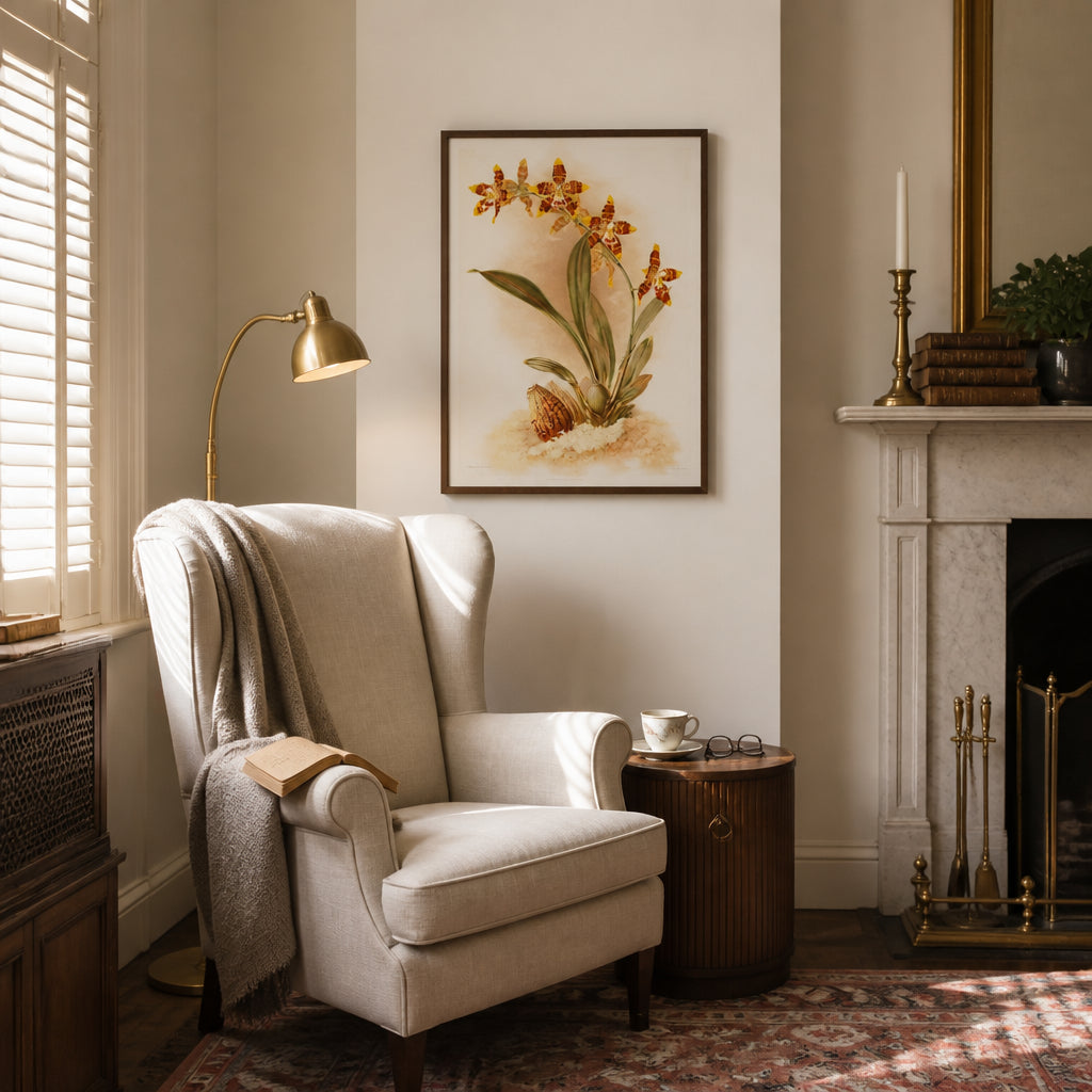 Room mockup featuring Odontoglossum Orchid Crimson Spotted Flowers With Bulb Art Print