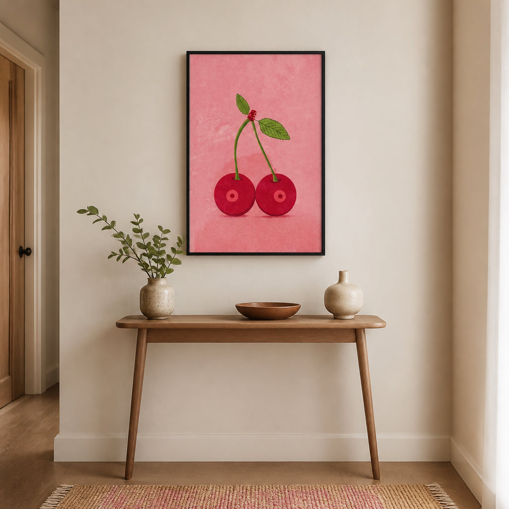 Room mockup featuring Cherries on Pink Art Print