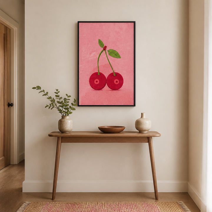 Room mockup featuring Cherries on Pink Art Print