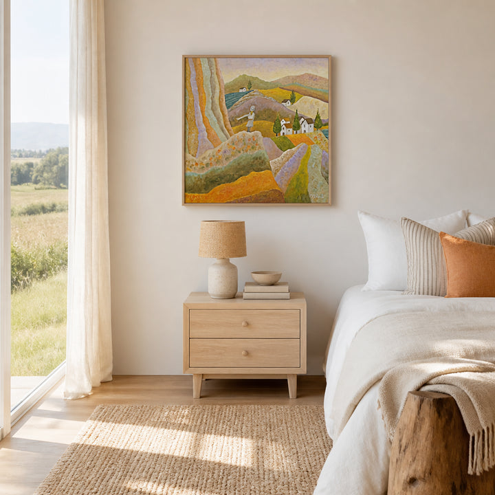 Room mockup featuring Colorful Hillside Scene Art Print