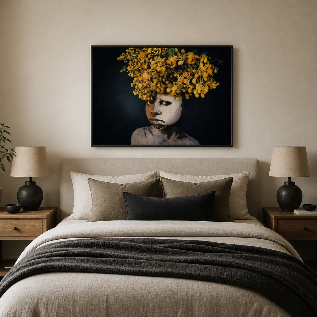 Room mockup featuring Painted Portrait Golden Berries Crowned Head Art Print