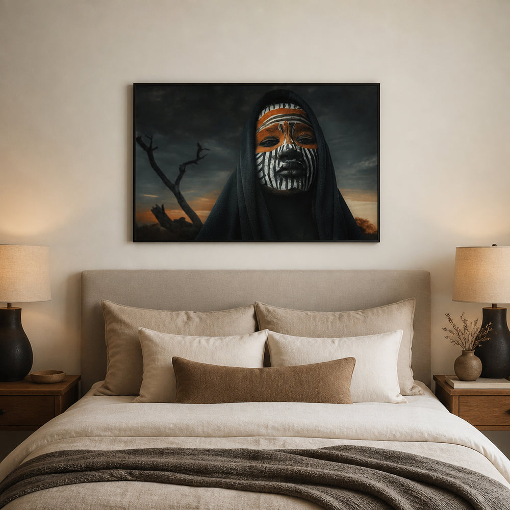 Room mockup featuring Painted Portrait Masked Face Orange Stripes Art Print