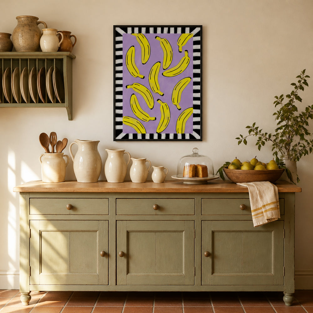 Room mockup featuring Yellow Bananas Striped Frame Art Print