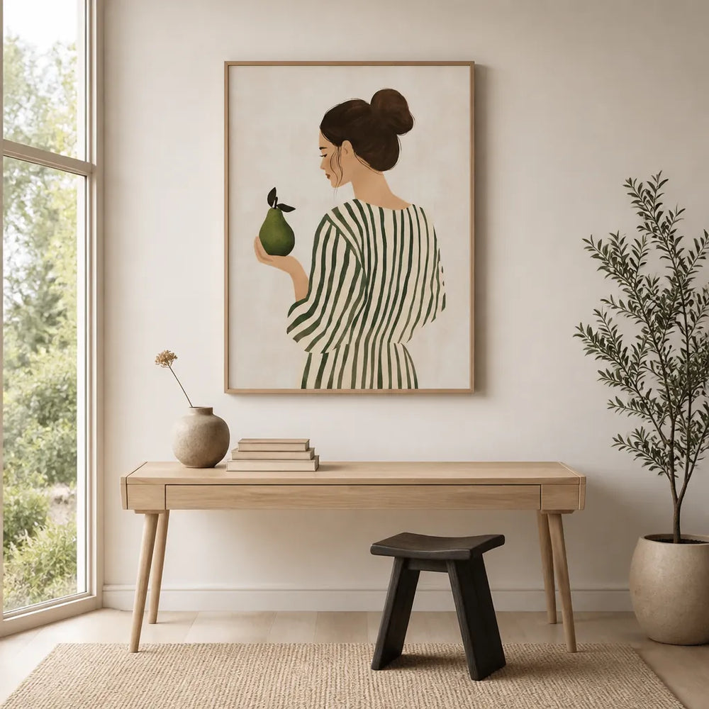 Room mockup featuring Woman Holding Pear in Striped Dress Art Print