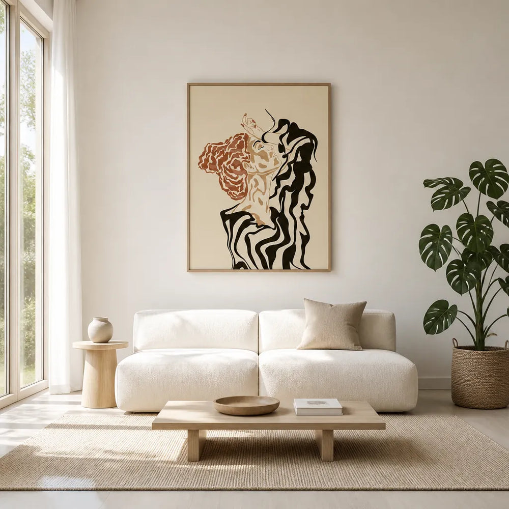 Room mockup featuring Abstract Woman in Black Stripes Art Print