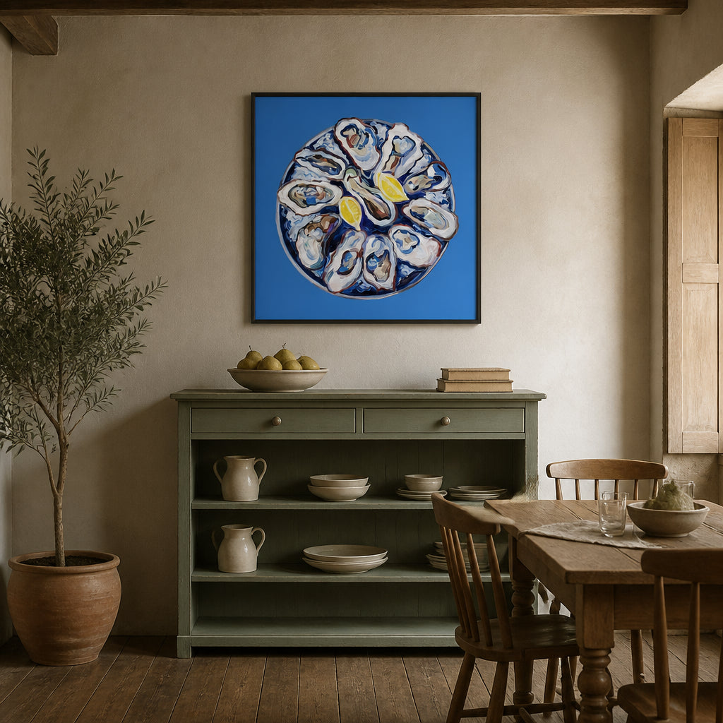 Room mockup featuring Vibrant Oysters with Lemon Art Print