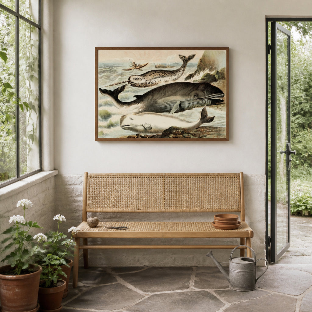 Room mockup featuring Narwhal and Whales Illustration Art Print