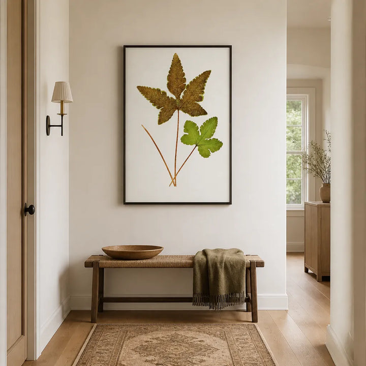 Room mockup featuring Hemionitis Palmata Botanical Gold and Green Leaflets Art Print