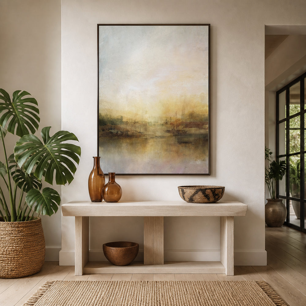 Room mockup featuring Misty Dawn River Serenity Art Print