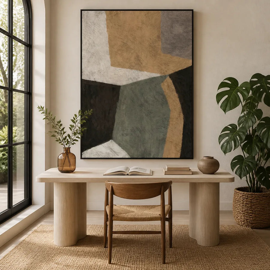 Abstract Earth Tones Sage Green Curved Form Art Print in a room setting