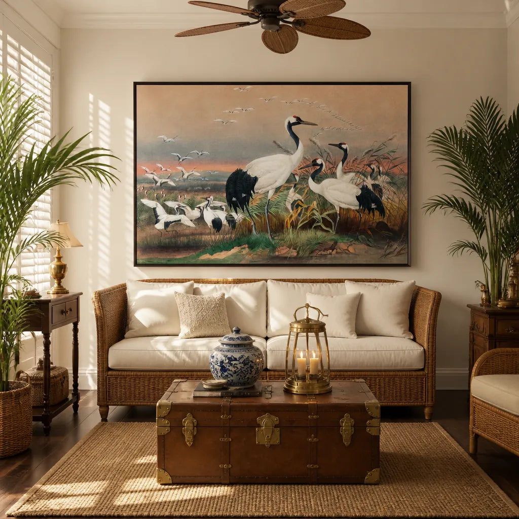 Room mockup featuring Mantchurian Crane Illustration Art Print