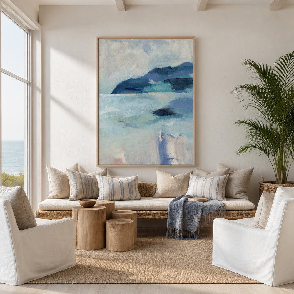 Room mockup featuring Coastal Serenity Blue Landscape 1 Art Print
