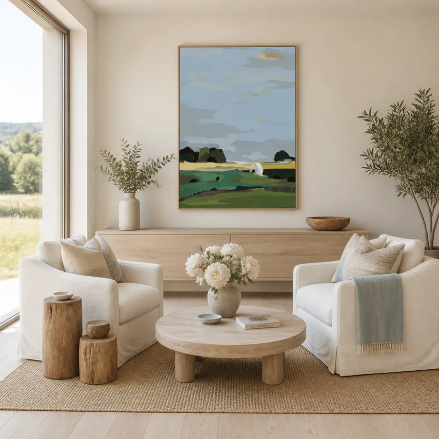 Pastel Sky Over Green Fields 2 Art Print in a room setting