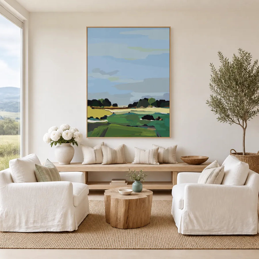 Pastel Sky Over Green Fields 1 Art Print in a room setting