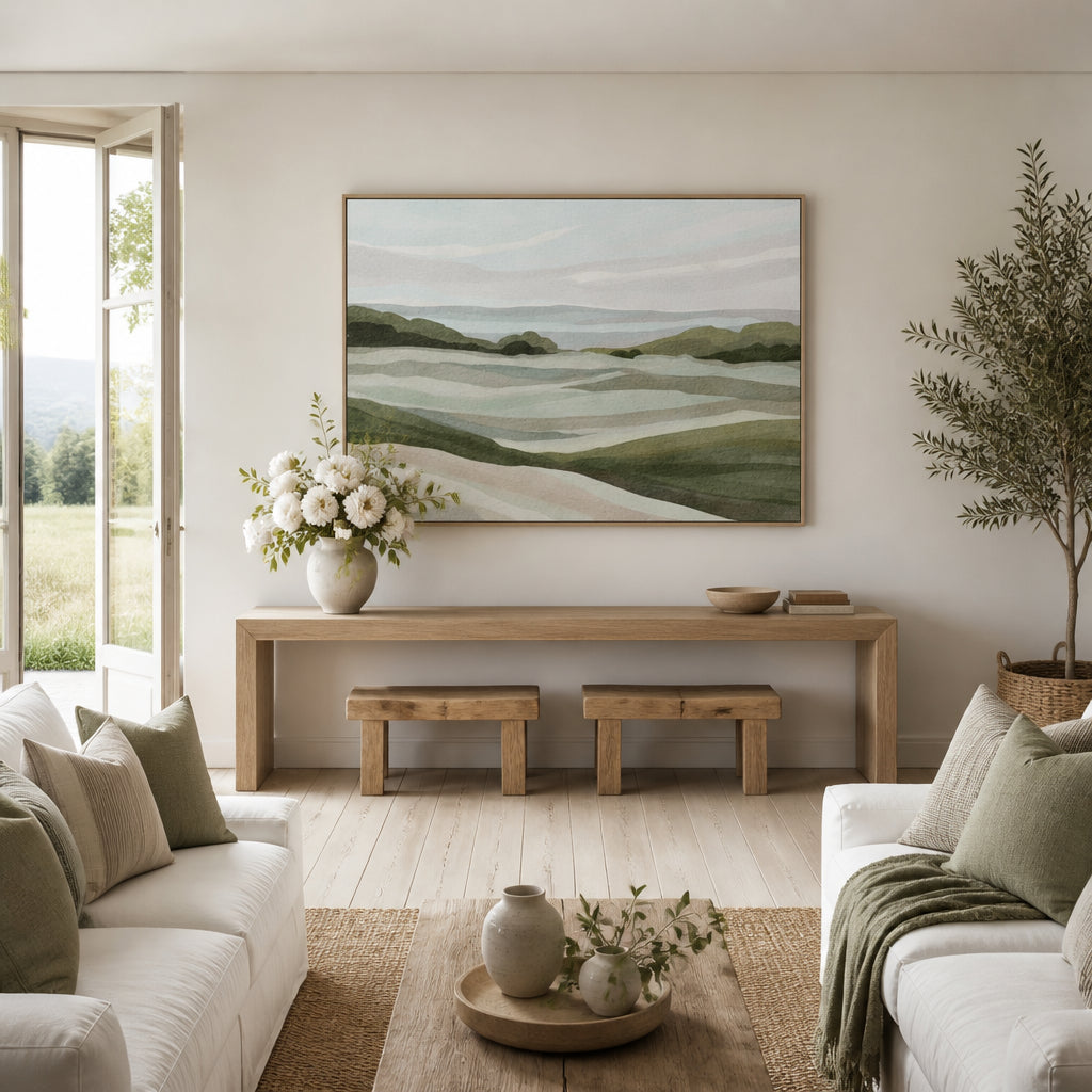 Gentle Pastel Hills Art Print shown in a styled room