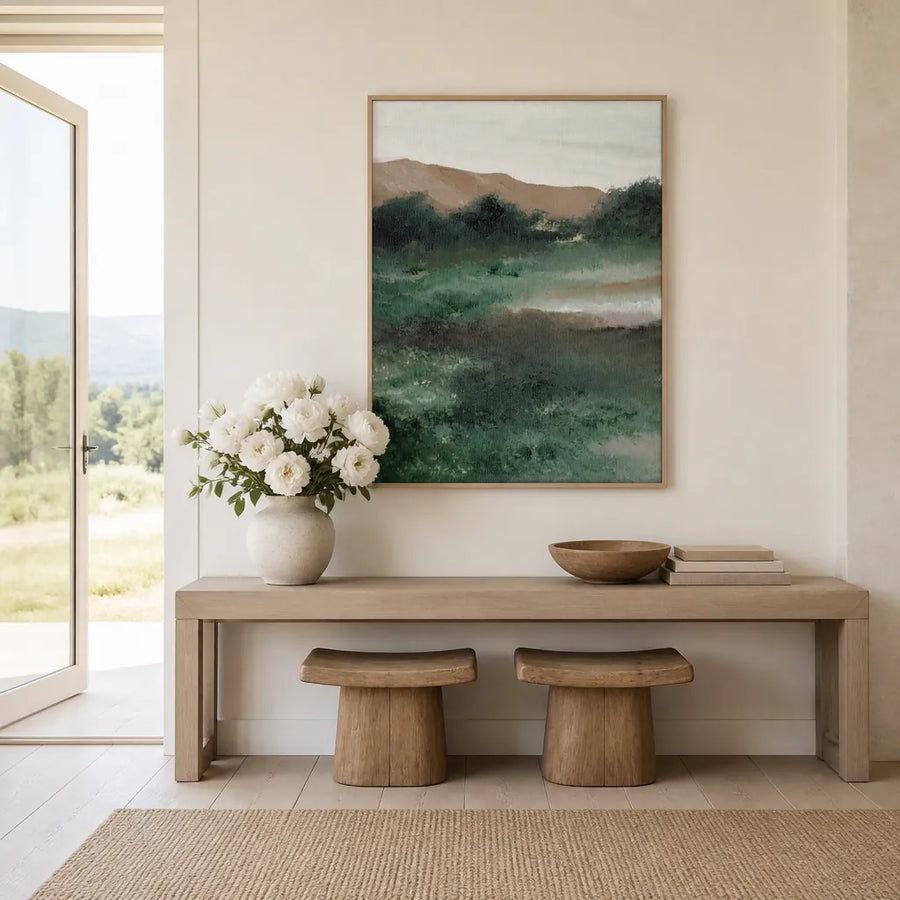 Textured Tranquil Green Landscape Art Print in a room setting