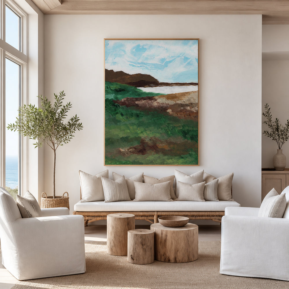 Room mockup featuring Coastal Landscape With Green Hills 1 Art Print