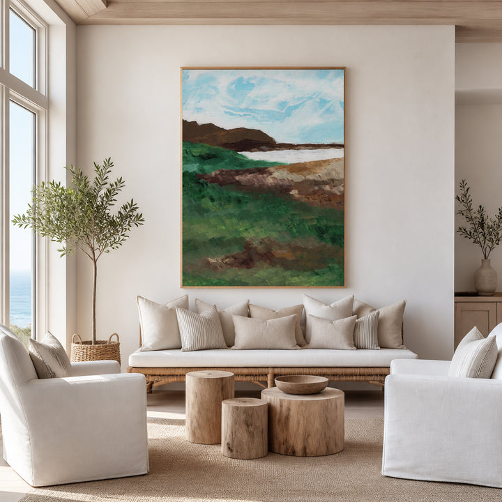 Room mockup featuring Coastal Landscape With Green Hills 1 Art Print