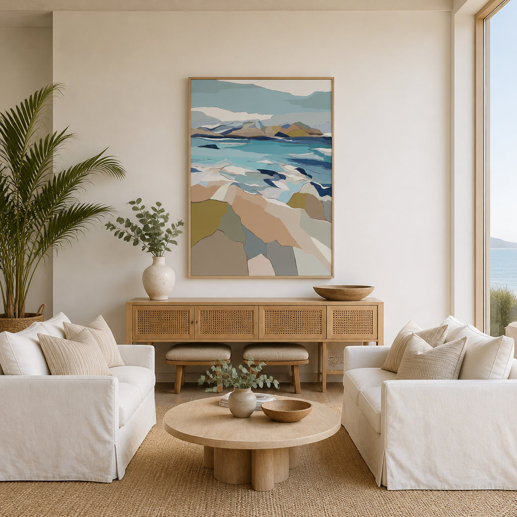 Coastal Serenity 2 Abstract Art Print shown in a styled room