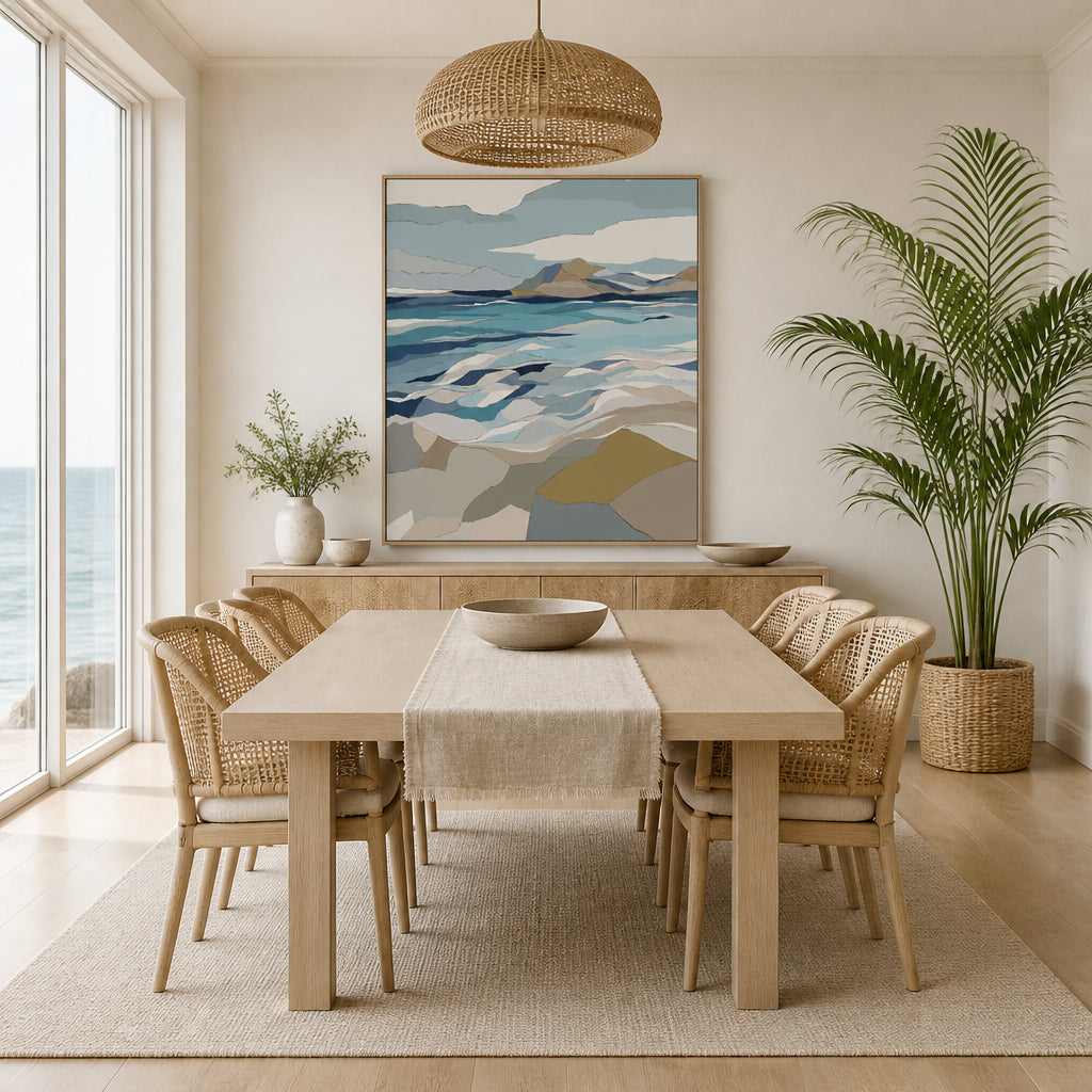 Coastal Serenity 1 Abstract Art Print shown in a styled room