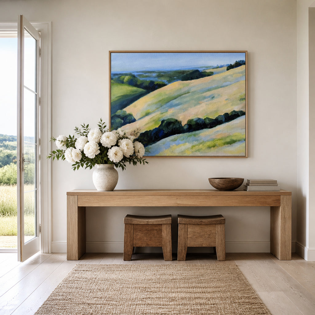 Room mockup featuring Rolling Hills With Distant Bay Art Print