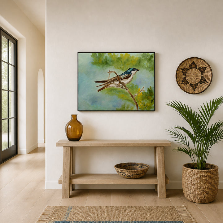 Room mockup featuring Blue Bird Tranquility Art Print