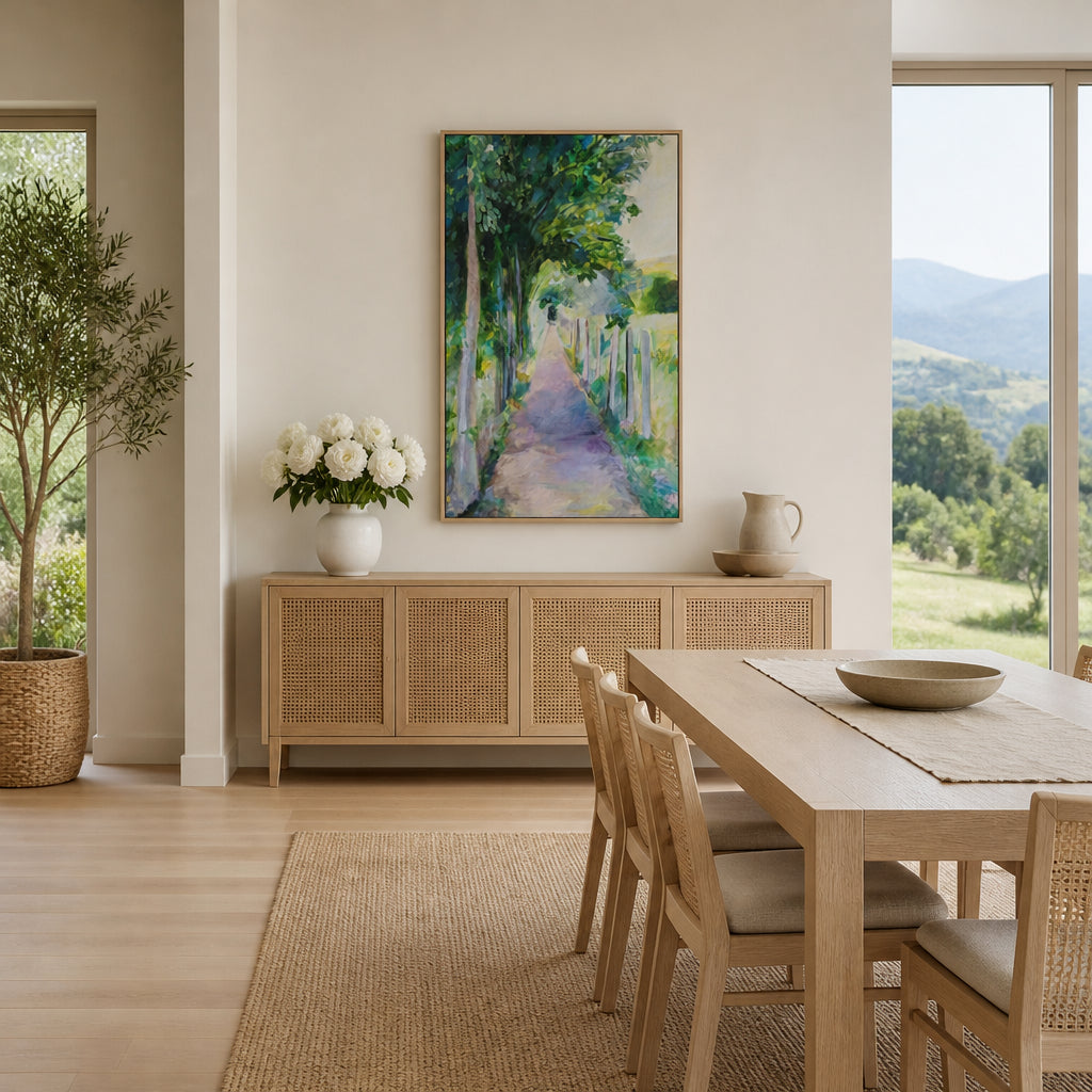 Room mockup featuring Sunlit Forest Pathway Art Print