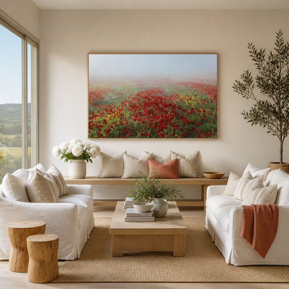 Room mockup featuring Misty Field of Poppies Art Print
