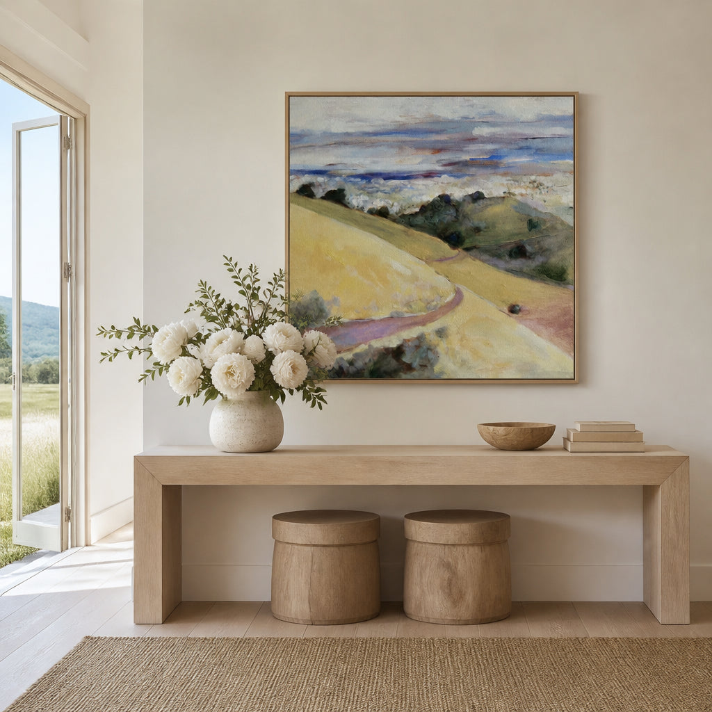 Room mockup featuring Golden Pathway Through Rolling Hills Art Print