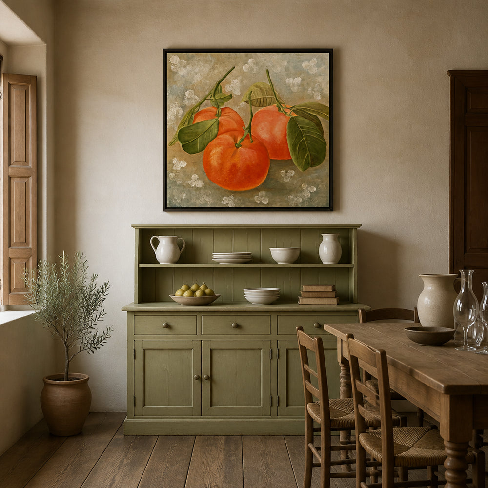 Room mockup featuring Tangerine Harvest Still Life Art Print