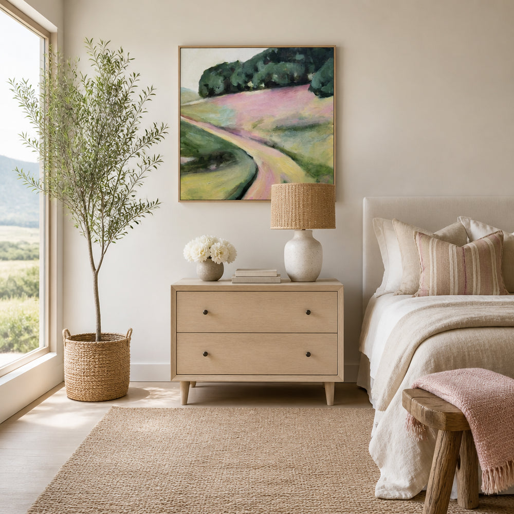 Room mockup featuring Path Through Pink Hills Art Print