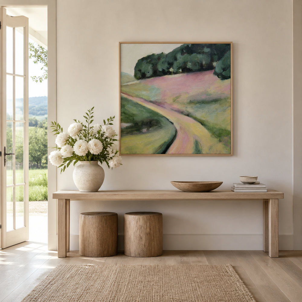Room mockup featuring Path Through Pink Hills Art Print