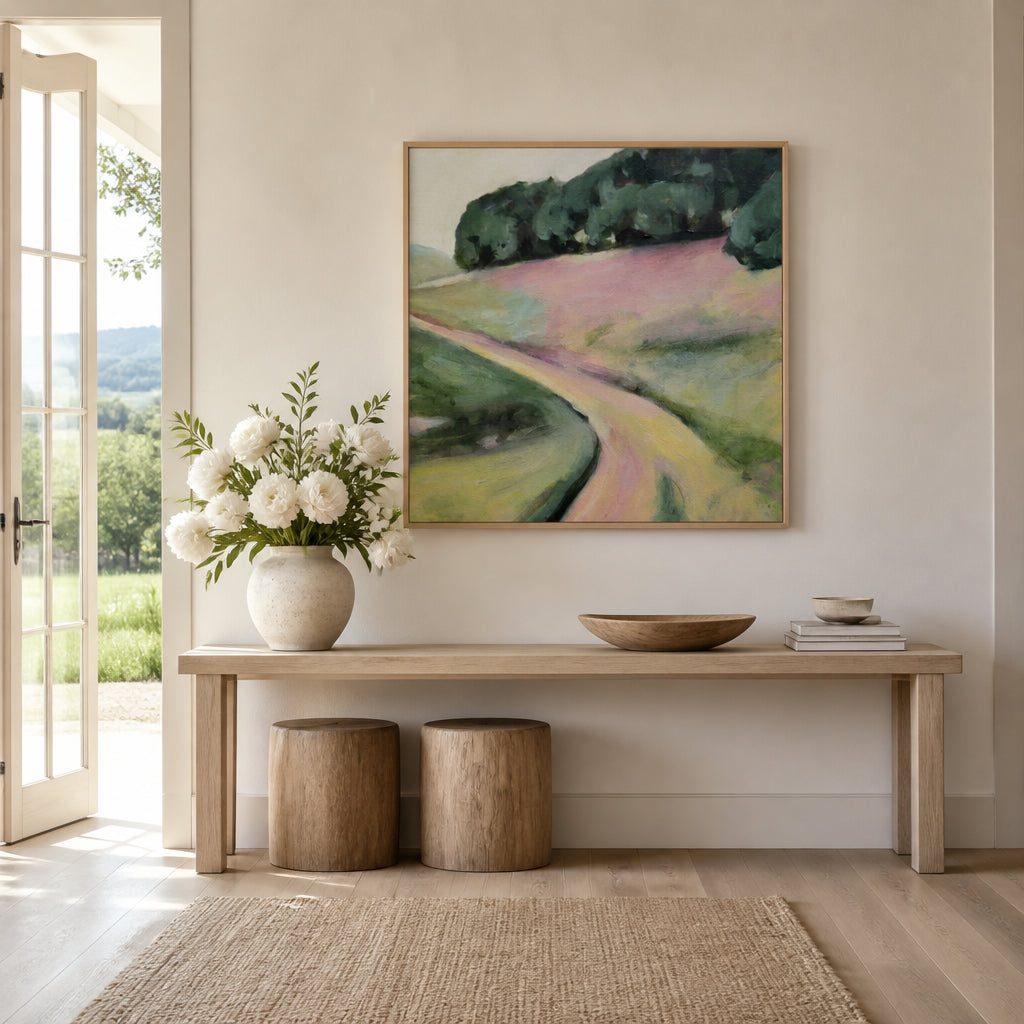 Room mockup featuring Path Through Pink Hills Art Print
