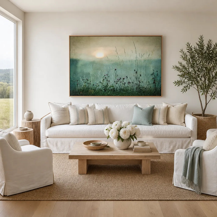 Misty Morning Meadow Art Print in a room setting