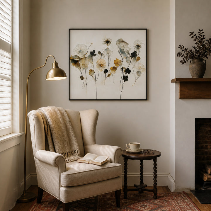Room mockup featuring Delicate Transparent Blooms Art Print