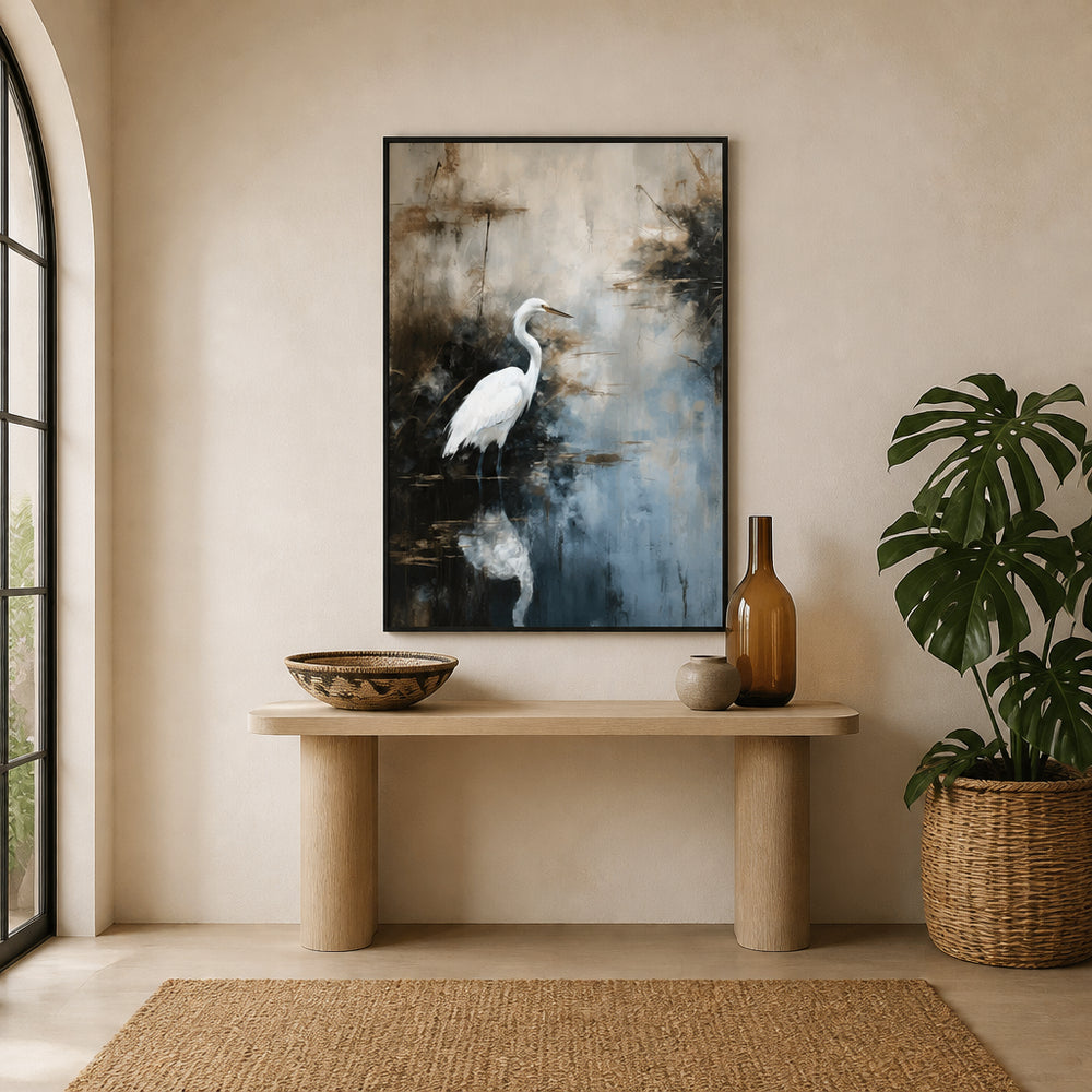 Room mockup featuring Elegant Heron Reflections Art Print