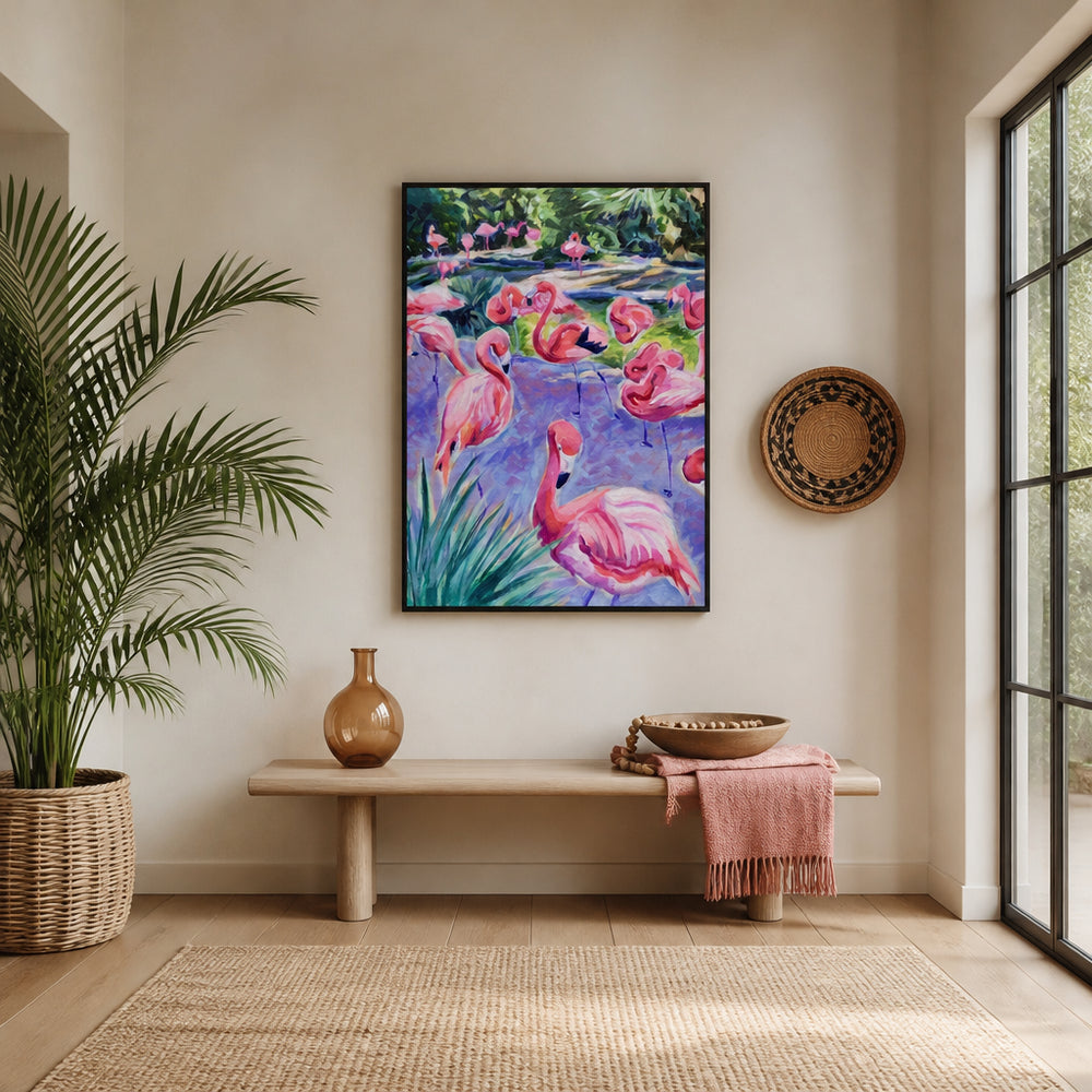 Room mockup featuring Pink Flamingo Gathering Art Print