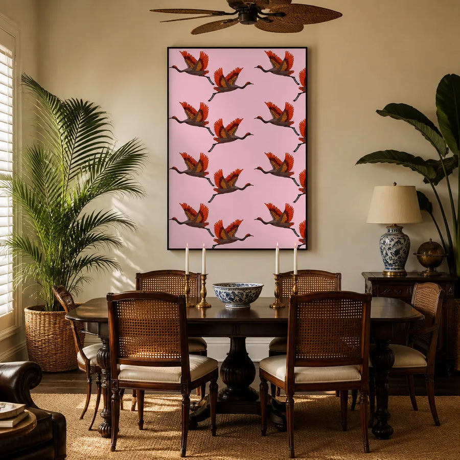 Elegant Red Cranes Pattern Art Print in a room setting