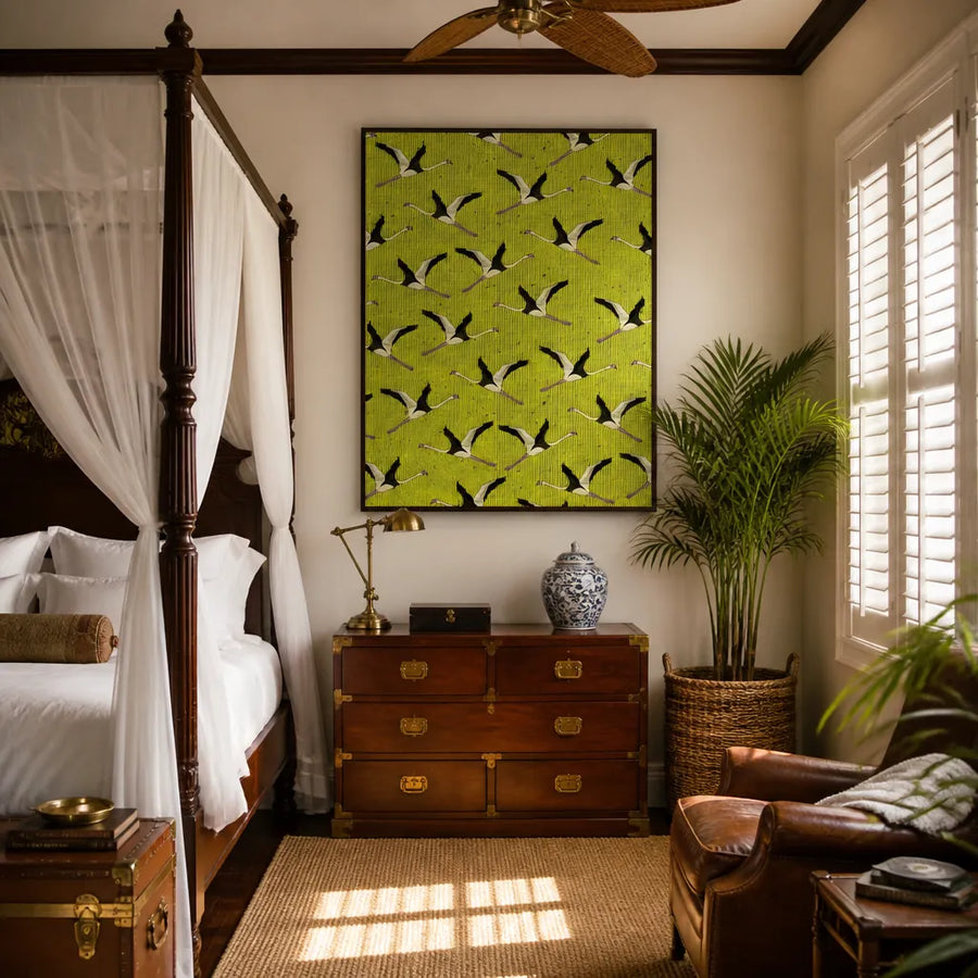Elegant Crane Pattern Art Print in a room setting