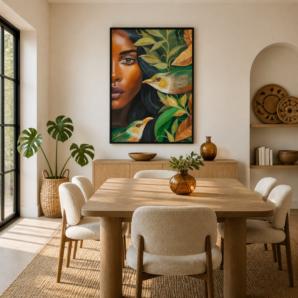 Room mockup featuring Woman and Birds in Harmony Art Print