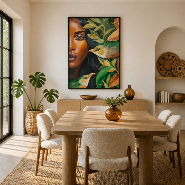 Room mockup featuring Woman and Birds in Harmony Art Print