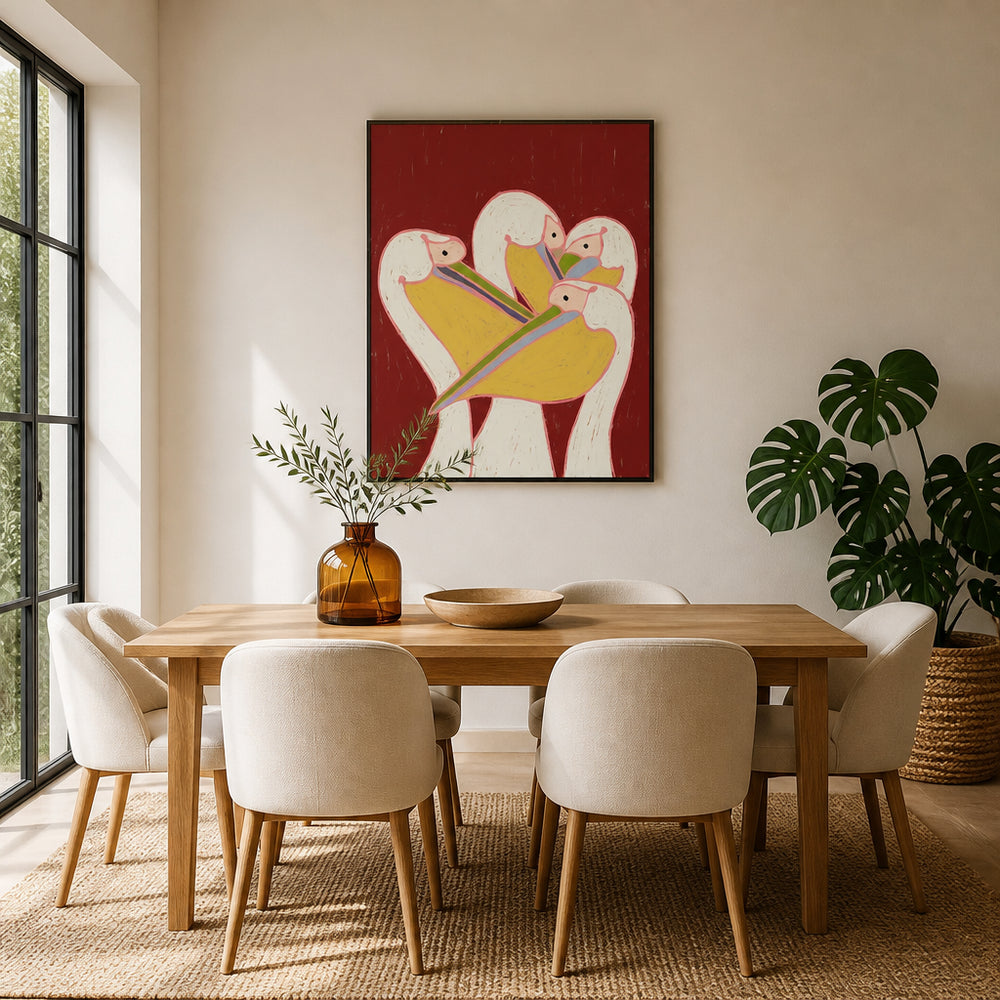 Room mockup featuring Harmony of Pelicans in Crimson Art Print