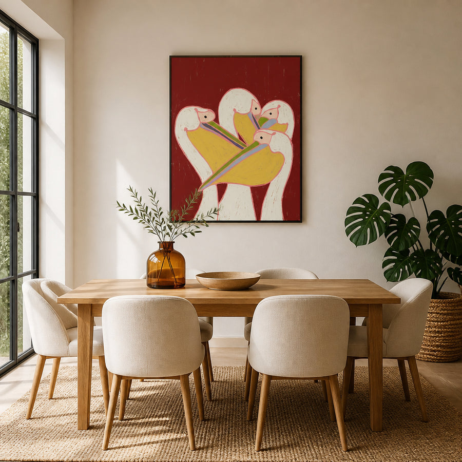 Harmony of Pelicans in Crimson Art Print in a room setting